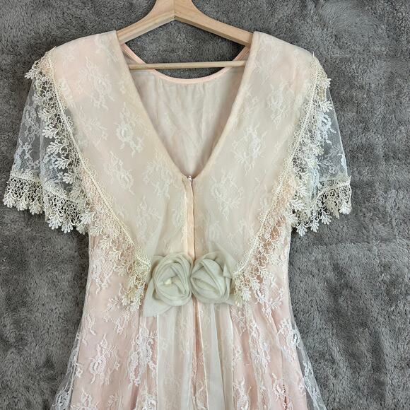 Vintage 80s Pink Peach Lace Dress Victorian Frilly Rosette Coquette Cottage Prom - Picture 5 of 15